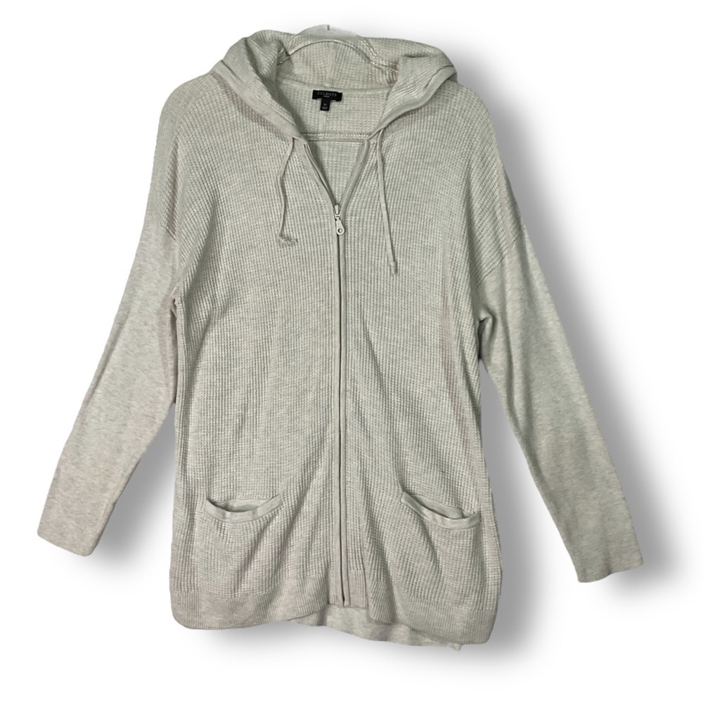 Talbots Waffle Knit Hooded Thermal Sweater 1X Full Zip Neutral Long Lightweight